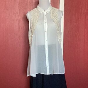 New Cream Sheer Button-Up Blouse with Lace Detail